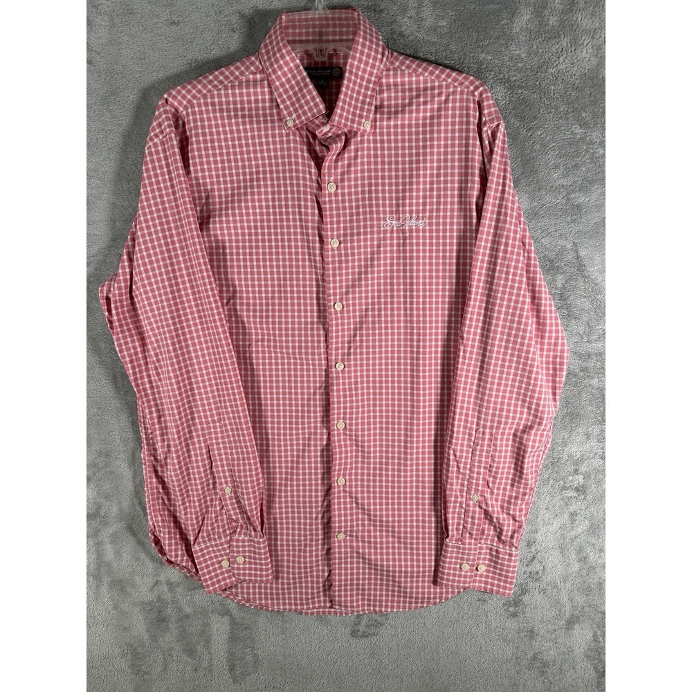 Peter Millar Summer Comfort Mens L Red Check Button Down Long Sleeve Sea Island